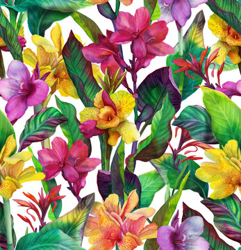 Tropical seamless pattern with bright exotic Cannes flowers. Background with watercolor flowers and leaves © Арина Трапезникова