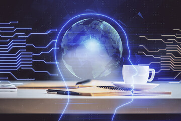 Double exposure of brain drawing and desktop with coffee and items on table background. Concept of...