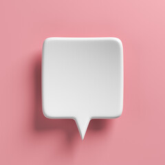 Social media notification icon, white bubble speech on pink background. 3D rendering