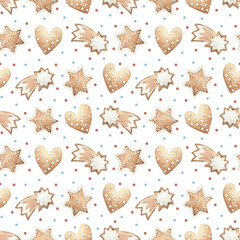 Hand drawn gingerbread seamless pattern. Cookies, holiday food, stars, comets, hearts. Light watercolor Christmas background for decoration, design, fabrics, wrapping paper.