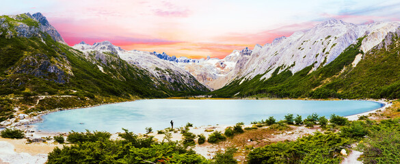  Sunset over Laguna Esmeralda lake in Tierra del Fuego