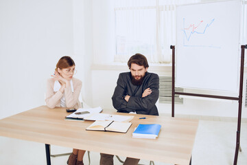 business man and woman sitting at work table screaming dissatisfaction communication emotions