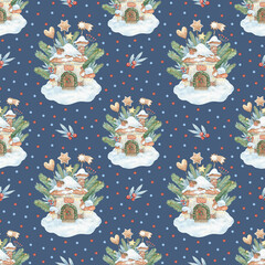 Contrast watercolor seamless Christmas pattern. Fairytale winter house, gingerbread, snow, fir branches. Background for textiles, fabrics, scrapbooking, wrapping paper, prints.