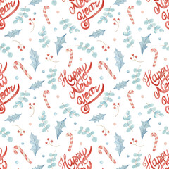 Hand-drawn seamless pattern on the new year theme. Light watercolor background with confetti, leaves, twigs, sweets and the inscription "Happy New Year" for decoration, design, fabrics, wrapping paper