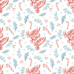 Hand-drawn seamless pattern on the new year theme. Light watercolor background with confetti, leaves, twigs, sweets and the inscription "Happy New Year" for decoration, design, fabrics, wrapping paper