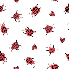 Fun ladybug vector seamless pattern background. Funky red white black backdrop with fun scattered cartoon kawaii ladybird characters dancing and jumping. Repeat for kids, toddlers, kindergarten