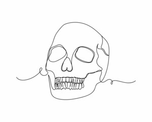 Continuous one line drawing of accessories of fortune teller skull halloween in silhouette on a white background. Linear stylized.