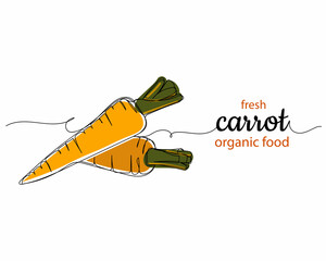 Continuous one line drawing of fresh carrot organic food icon in silhouette on a white background. Linear stylized.