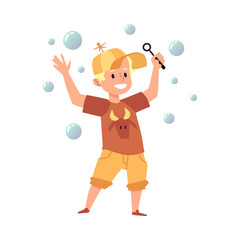 Smiling boy standing blowing soap bubbles, flat vector illustration isolated.