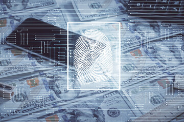 Fototapeta na wymiar Double exposure of finger print scan drawing over usa dollars bill background. Concept of security of safe access.