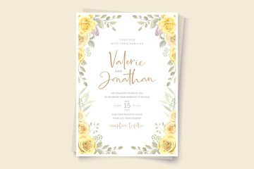 Elegant wedding invitation card with hand drawn soft flower and leaves