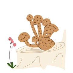 A group of edible brown mushrooms on a stump with berries in a hand-drawn style, isolated on a white background