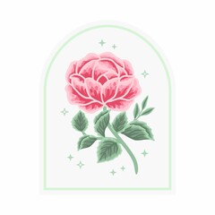 Vintage feminine logo design template in trendy minimal style. Pink peony bud, rose flowers and turquoise botanical leaf branch. Emblem, symbols and icons for cosmetics, beauty and handmade products