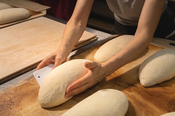 close-up of female hands kneading dough for making artisan bread at home bakery