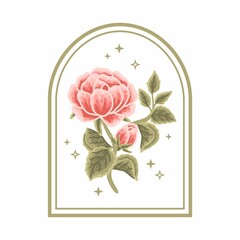 Vector feminine logo design template in trendy minimal style. Vintage orange rose bud, peony flowers and botanical leaf branch. Emblem, symbols and icons for cosmetics, beauty and handmade products