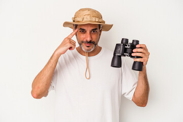 Middle age caucasian man holding binoculars isolated on white background  pointing temple with finger, thinking, focused on a task.