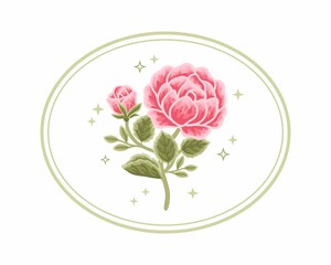 Vintage vector feminine logo design template in trendy minimal style. Pink rose bud, peony flowers and botanical leaf branch. Emblem, symbols and icons for cosmetics, beauty and handmade product © Artflorara