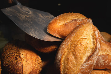 fresh artisan bread only from the oven on a baking shovel. Close-up. Appetizing fresh and healthy bread