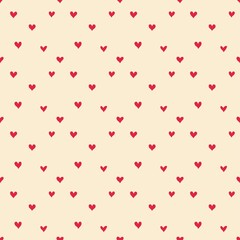 Red-scarlet hearts on a beige backdrop, seamless pattern - a romantic background for Valentine's Day.