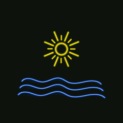 Vector Neon Sea Ocean Illustration: Glowing Ocean Waves and Sun Isolated on Black Background.