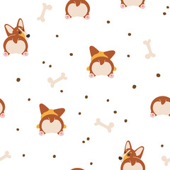 Cute ginger, brown dog, dots, bone, English sign, Welsh Corgi Pembroke, back view isolated on white background. Print for packaging, fabrics, wallpapers, textiles.