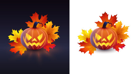 Halloween holiday collection. Orange pumpkin with spooky luminous, luminescent smile with maple leaves on black, white background. Simulates soft touch coverage and 3d rendering. Vector illustration. 