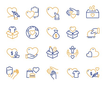 Donate and Charity line icons. Volunteer help, Global hunger, Food box. Helping hand, Heart donate and Care service line icons. Donation or Blood collection, Money charity and Food care. Vector