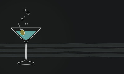 Line art martini glass with olives vector, cocktail background