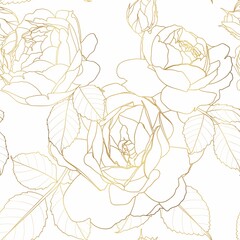 Gold roses flower line silhouette pattern , seamless repeatable texture wallpaper on white background.