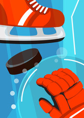 Hockey poster with skates and gloves. Sport placard design in cartoon style.
