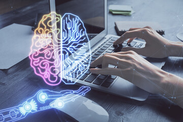 Multi exposure of woman hands working on computer and brain hologram drawing. Ai concept.