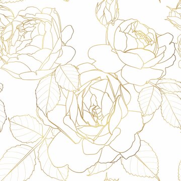 Gold roses flower line silhouette pattern , seamless repeatable texture wallpaper on white background.