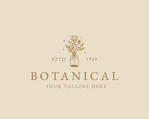 Botanical Hand Drawn Logo with Wild Flower and Leaves. Logo for spa and beauty salon, boutique, organic shop, wedding, floral designer, interior, photography, cosmetic. Floral element