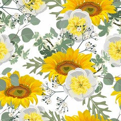 Fototapeta na wymiar Vintage floral seamless background pattern. Beautiful sunflowers and peony flower with eucaliptus on white background. 