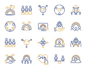 Equality, Equity and Diversity line icons. LGBT rights, Equal opportunities and respective needs icons. Inclusion, culture equity and LGBT pride flag. Diverse people equality, Gender symbol. Vector