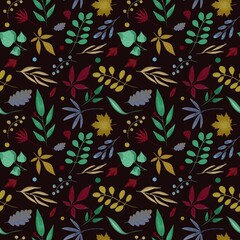 Seamless pattern with natural elements for background, fabric, materials, paper, clothing, wallpaper, covers, bed linen. Colorful leaves and plants on black background