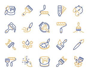 Paint brushes line icons. Color palette, Paint tin or bucket, Roller tool. Pantone samples, Dye quality, Creative art brush line icons. Finishing work, Painter tool and Dye color palette. Vector