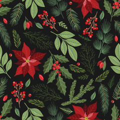 Nahtloses Muster mit handgezeichneten Weihnachtssternblumen und Blumenzweigen und Beeren, Weihnachtsblumen.