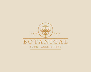 Fototapeta premium Botanical Hand Drawn Logo with Wild Flower and Leaves. Logo for spa and beauty salon, boutique, organic shop, wedding, floral designer, interior, photography, cosmetic. Floral element