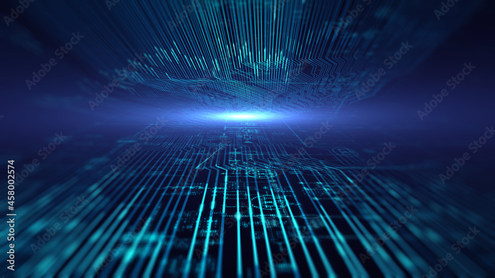 Poster Abstract printed circuit board futuristic server/3d illustration. The abstract mother server is processing the data.   Blue technology background with bokeh.