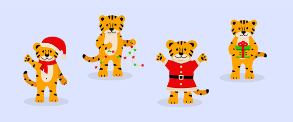 Een set kersttijger, schattige cartoonsymbolen van het jaar. Vectorillustratie, het concept van Kerstmis en Nieuwjaar.