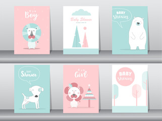 Set of baby shower invitations cards, poster, greeting, template. vector illustrations