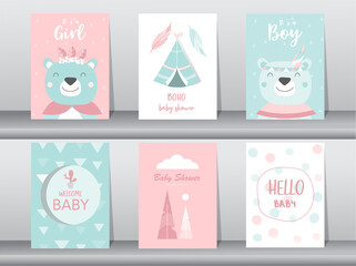 Set of baby shower invitation cards,poster,template,greeting,cute,bear,animal,Vector illustrations