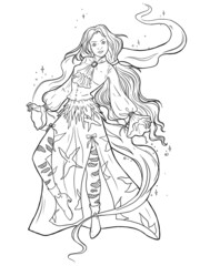 Witch with with flowing hair in beautiful costume conjure and flying in air. Magic vibes around her. Fairytale character design. Black and white vector illustration