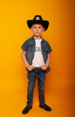 A small boy in the form of a cowboy depicts the emotions of arrogance