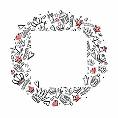 Square frame with hearts and crown. Lineart and pink color.