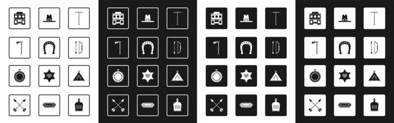 Set Pickaxe, Horseshoe, Tomahawk, Wild west saloon, Bow and arrow in quiver, Western cowboy hat, Indian teepee wigwam and Canteen water bottle icon. Vector © Vadim