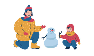 Parent making a snowman together with child during winter time. Isolated vector illustration.