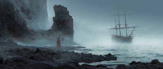 odd figure standing on a sandstone beach near the ocean looking at a ghost ship approaching the coast in a mist cloudly day foreground out of focus - concept art - 3D rendering  - obrazy, fototapety, plakaty