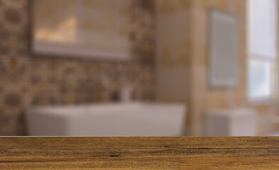 Background with empty table. Flooring. Spacious bathroom in gray tones with heated floors, freestanding